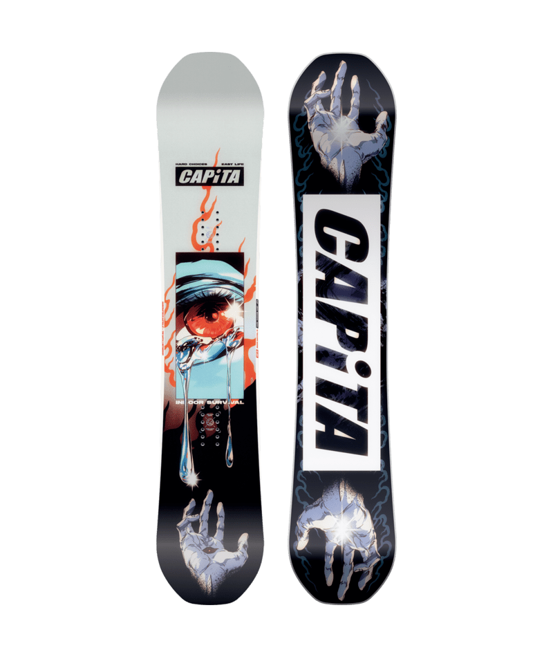Load image into Gallery viewer, A Capita branded snowboard with a graphic design featuring what appears to be stylized hands and red eye and accent
