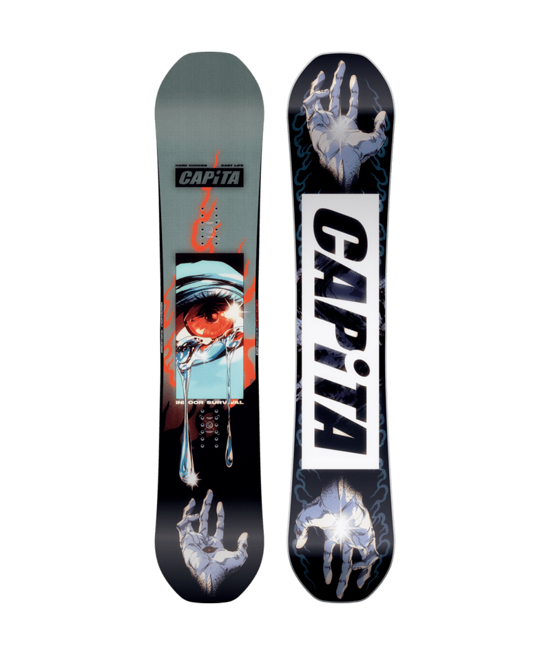 Load image into Gallery viewer, A Capita branded snowboard with a graphic design featuring what appears to be hands and eyes and red flair.

