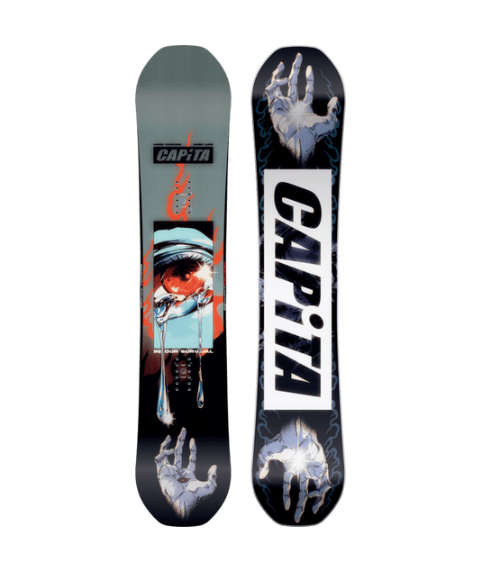 A Capita branded snowboard with a graphic design featuring what appears to be hands and eyes and red flair.