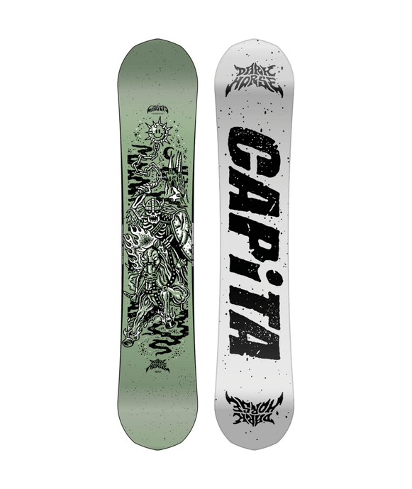 Capita Men's Dark Horse Snowboard 2026 with a graphic design on the top and the brand name 'CAPITA' written in large letters on the white bottom.