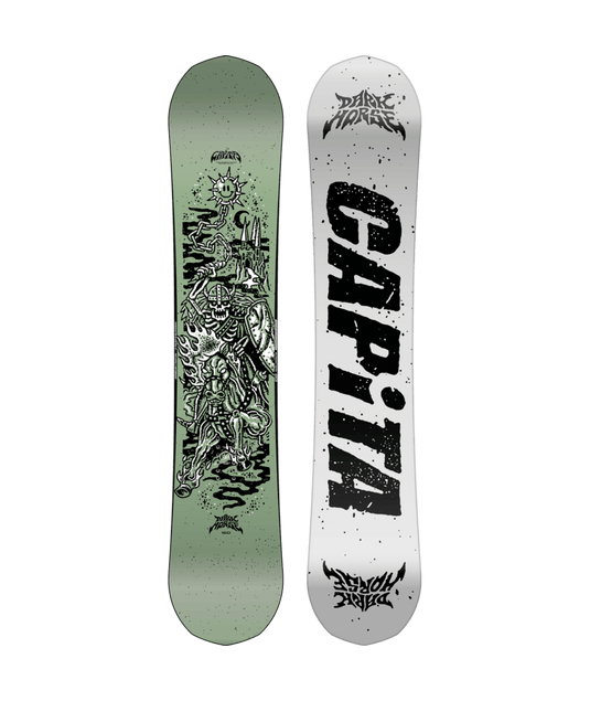 Capita Men's Dark Horse Snowboard 2026 with a graphic design on the top and the brand name 'CAPITA' written in large letters on the white bottom.