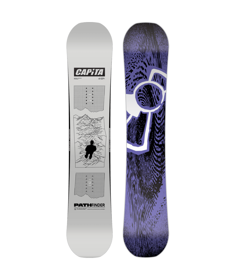 Load image into Gallery viewer, A graphic image of the Capita Men&#39;s Pathfinder Snowboard for the year 2026, showing the top and bottom designs. The top features a map-like pattern with a snowboarder illustration, and the bottom has a bold purple and black visual.
