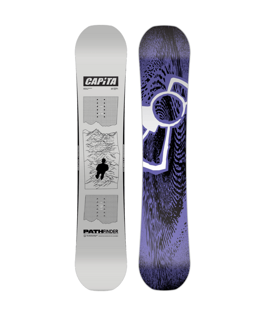 A graphic image of the Capita Men's Pathfinder Snowboard for the year 2026, showing the top and bottom designs. The top features a map-like pattern with a snowboarder illustration, and the bottom has a bold purple and black visual.