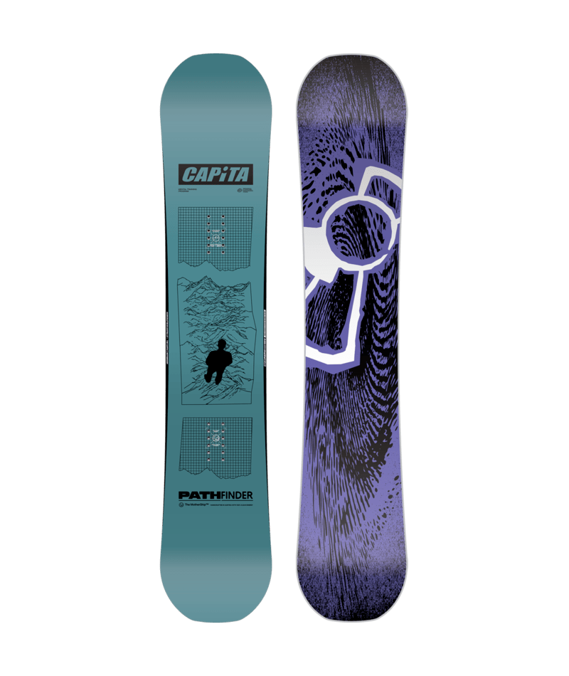 Load image into Gallery viewer, A graphic image of the Capita Men&#39;s Pathfinder Snowboard for the year 2026, showing the top and bottom designs. The top features a map-like pattern with a snowboarder illustration, and the bottom has a bold purple and black visual.
