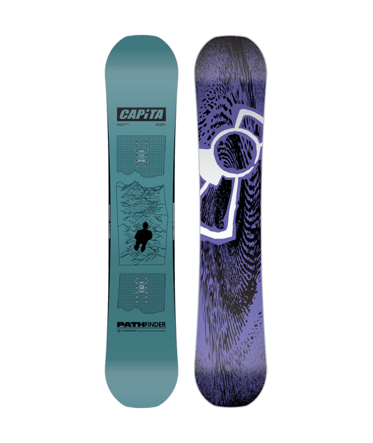 A graphic image of the Capita Men's Pathfinder Snowboard for the year 2026, showing the top and bottom designs. The top features a map-like pattern with a snowboarder illustration, and the bottom has a bold purple and black visual.