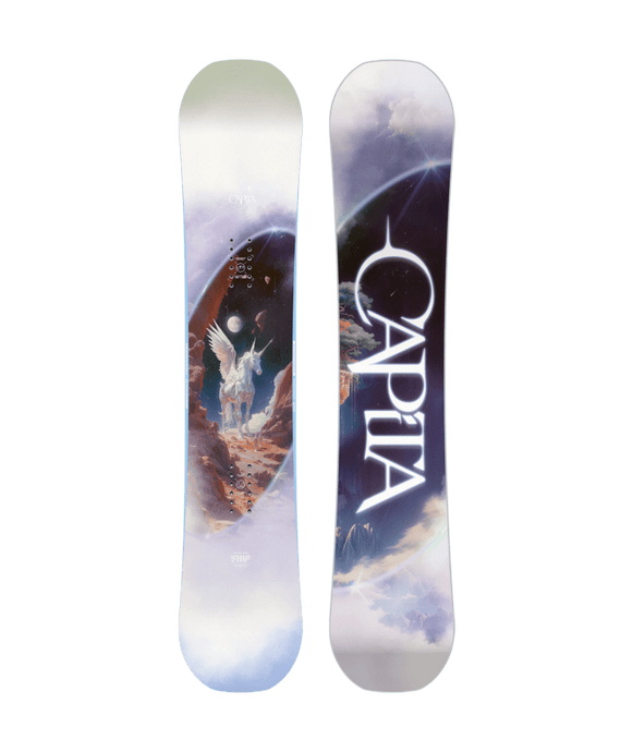 A graphic image of the Capita Women's Space Metal Fantasy Snowboard showing the top and bottom designs. The top features a celestial motif with stars and a large moon, while the bottom is predominantly black with the Capita logo in large white letters.