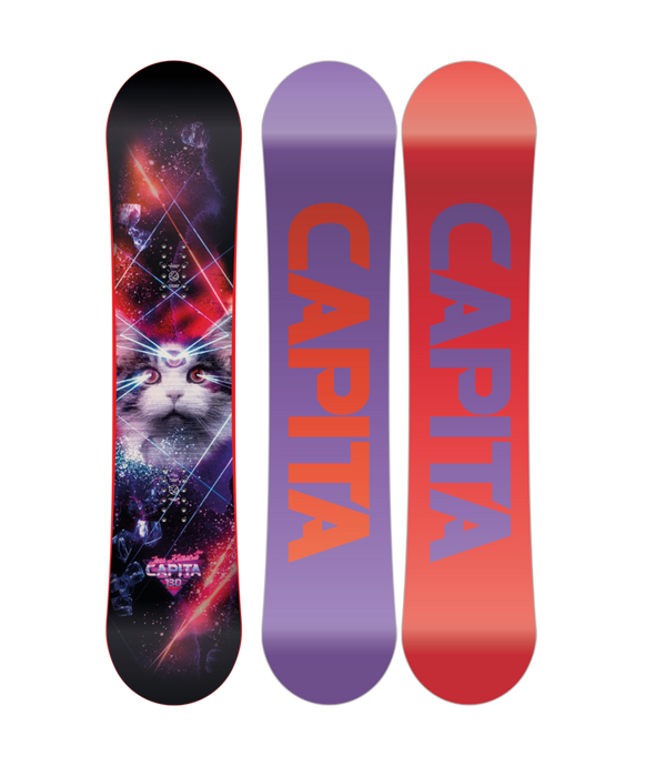 A graphic image of the Capita Youth Jess Kimura Mini Snowboard 2026 showing the top and bottom designs. The top features a colorful outer space-themed design with a cat, and the bottom is primarily purple with the Capita logo in white.