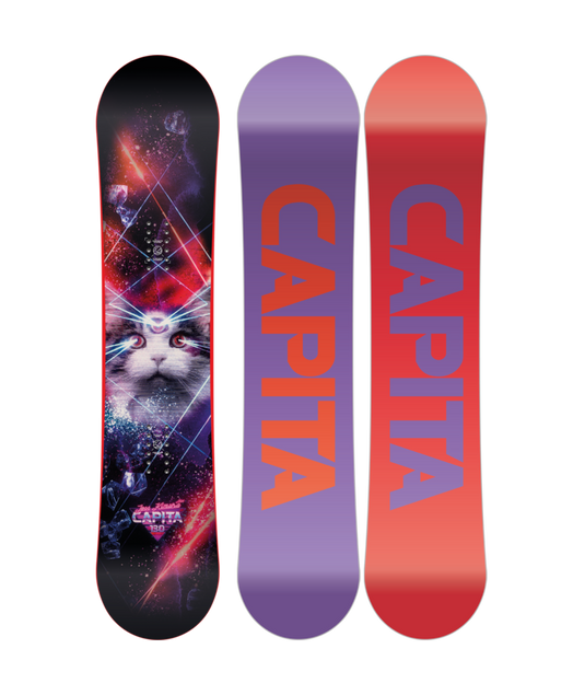 A graphic image of the Capita Youth Jess Kimura Mini Snowboard 2026 showing the top and bottom designs. The top features a colorful outer space-themed design with a cat, and the bottom is primarily purple with the Capita logo in white.
