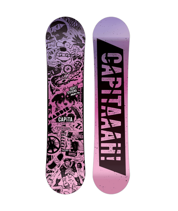 A youth-sized Capita snowboard with a pink and purple color scheme and various snowboarding-related graphics.