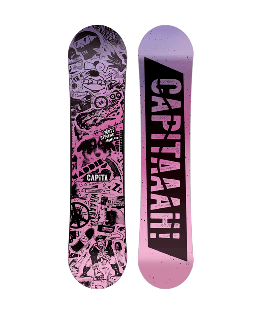 A youth-sized Capita snowboard with a pink and purple color scheme and various snowboarding-related graphics.