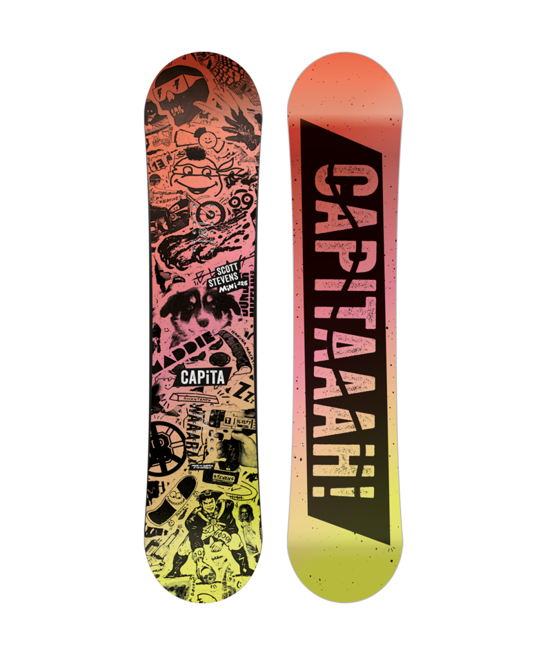 Load image into Gallery viewer, A youth-sized Capita snowboard with a orange gradient color scheme and various snowboarding-related graphics.
