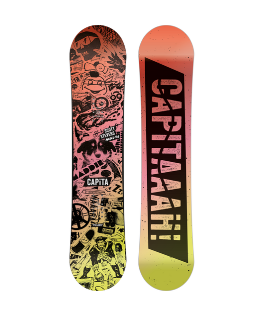A youth-sized Capita snowboard with a orange gradient color scheme and various snowboarding-related graphics.