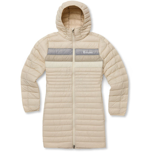 Beige quilted jacket with a Cotopaxi logo on a white background