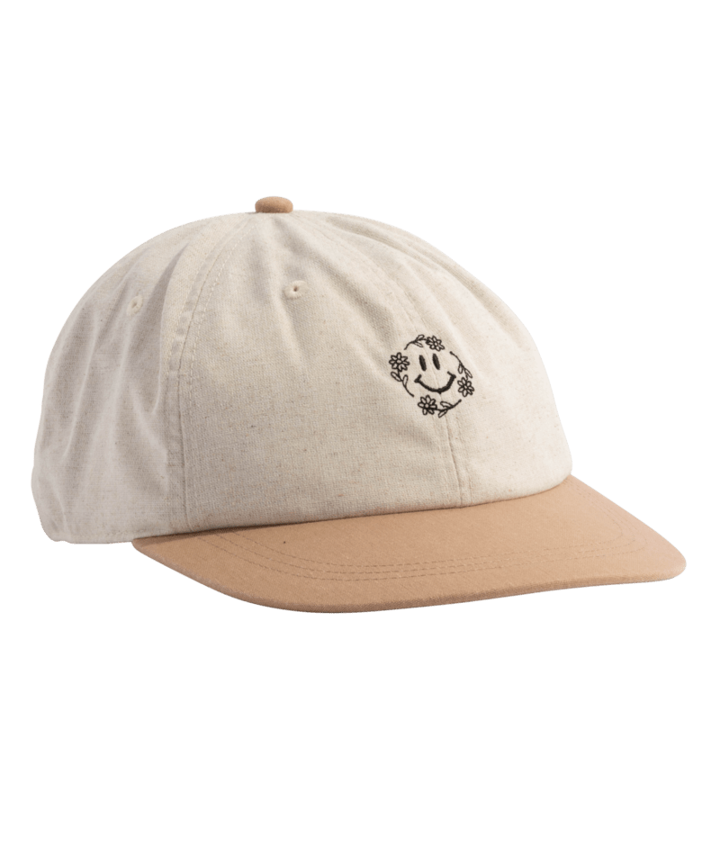 Load image into Gallery viewer, Beige cap with a smiling face logo on a white background

