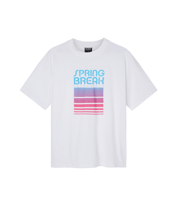 White t-shirt with 'SPRING BREAK' text and geometric patterns in blue and red on the chest.