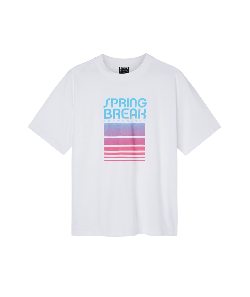 Load image into Gallery viewer, White t-shirt with &#39;SPRING BREAK&#39; text and geometric patterns in blue and red on the chest.
