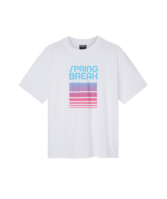 White t-shirt with 'SPRING BREAK' text and geometric patterns in blue and red on the chest.