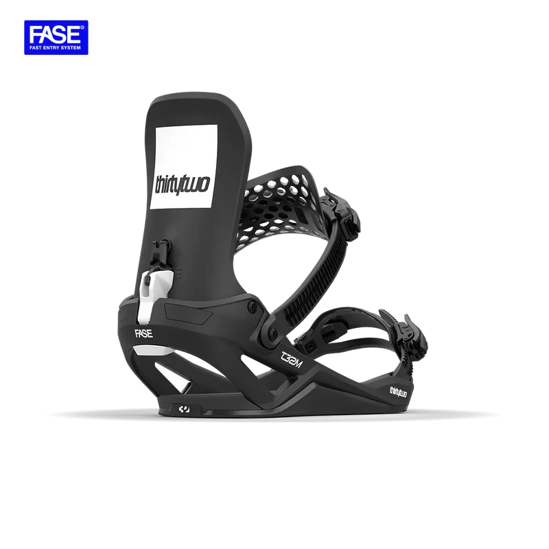 Load image into Gallery viewer, Black snowboard binding with &#39;thirtytwo&#39; and &#39;FASE&#39; branding on a white background
