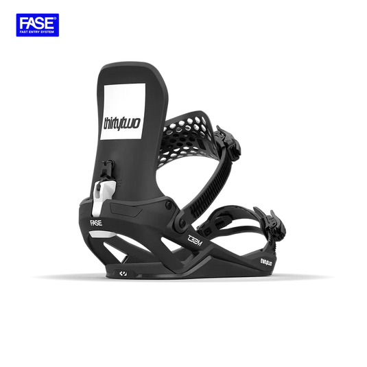 Black snowboard binding with 'thirtytwo' and 'FASE' branding on a white background