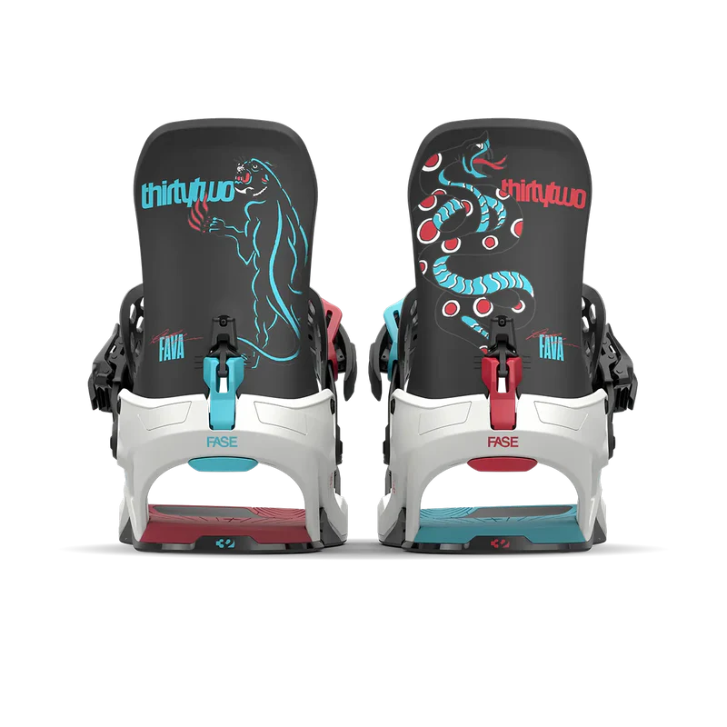 Load image into Gallery viewer, Two snowboard bindings with colorful designs and branding on a white background
