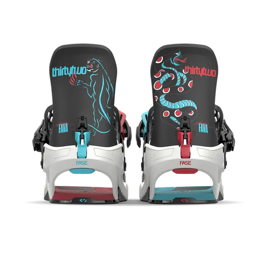 Two snowboard bindings with colorful designs and branding on a white background