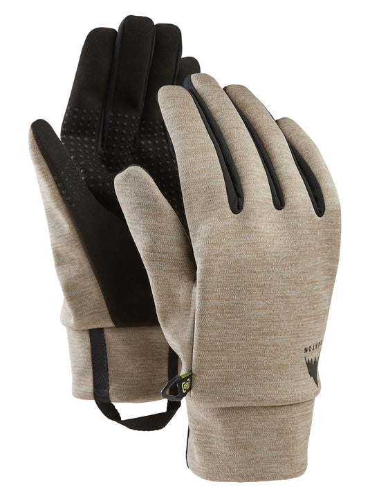 Pair of beige gloves with black accents on a white background