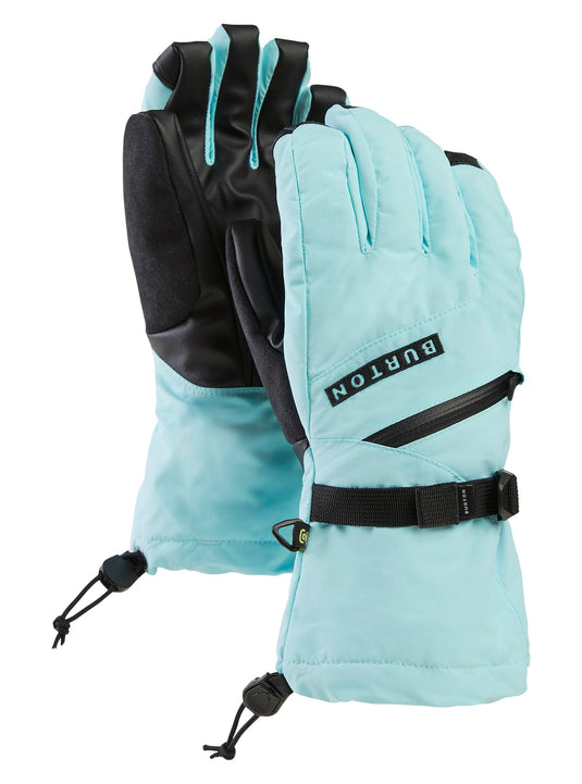 Light blue gloves with black accents on a white background, featuring the Burton logo.