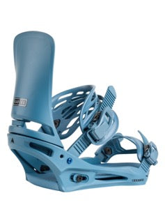 A blue Burton Men's Cartel Re:Flex Snowboard Binding featuring a cushioned baseplate, adjustable strap, and smooth glide buckles.