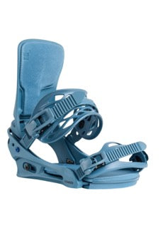 Blue snowboard bindings on a white background