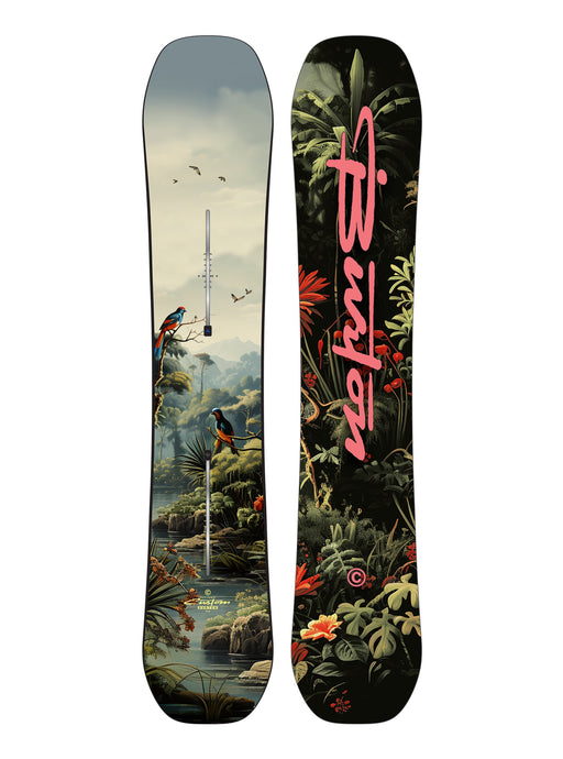 A Burton men's snowboard featuring a Flying V design with a nature-inspired print including birds and foliage, predominantly in green and brown colors.