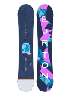 A Burton women's snowboard with a geometric pattern in blue, purple, and pink colors, featuring a Flying V shape.