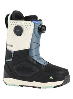 A pair of Burton Men's Photon BOA Snowboard Boots in black, blue, white, and green colors featuring the BOA lacing system.