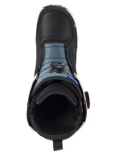 Black snowboarding boot from above on a white background