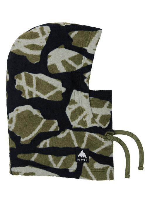 Camouflage-patterned balaclava with a Burton logo on a white background