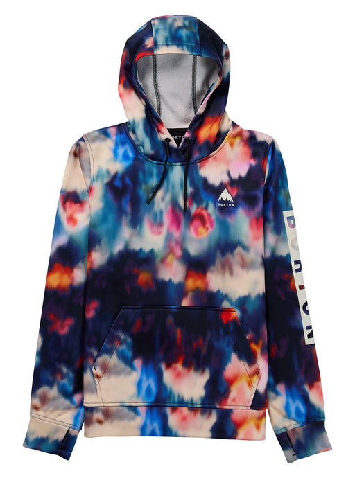 Tie-dye Burton hoodie with colorful pattern on a white background