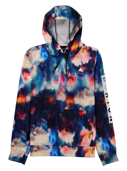 Tie-dye Burton hoodie with colorful pattern on a white background