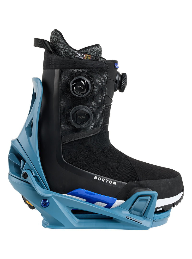 Load image into Gallery viewer, Black and blue snowboarding boot and binding on a white background
