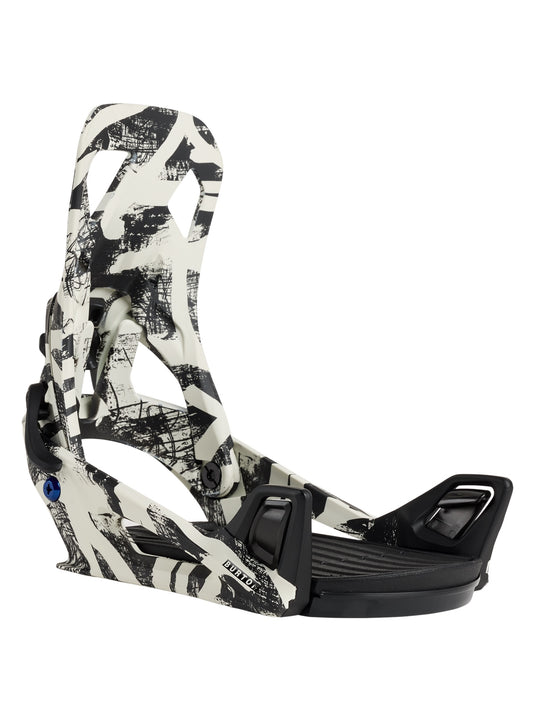 Black and white snowboard binding on a white background