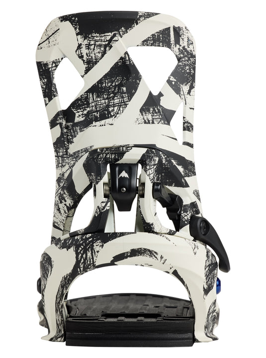 Black and white snowboard binding on a white background
