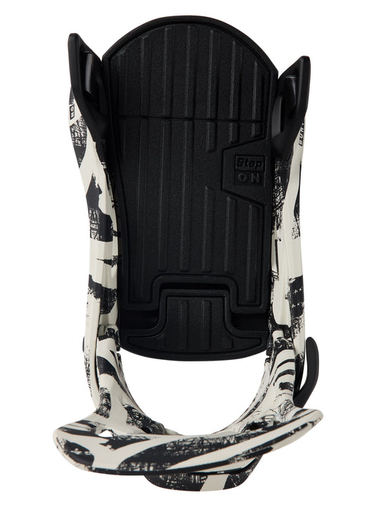 Black and white snowboard binding on a white background