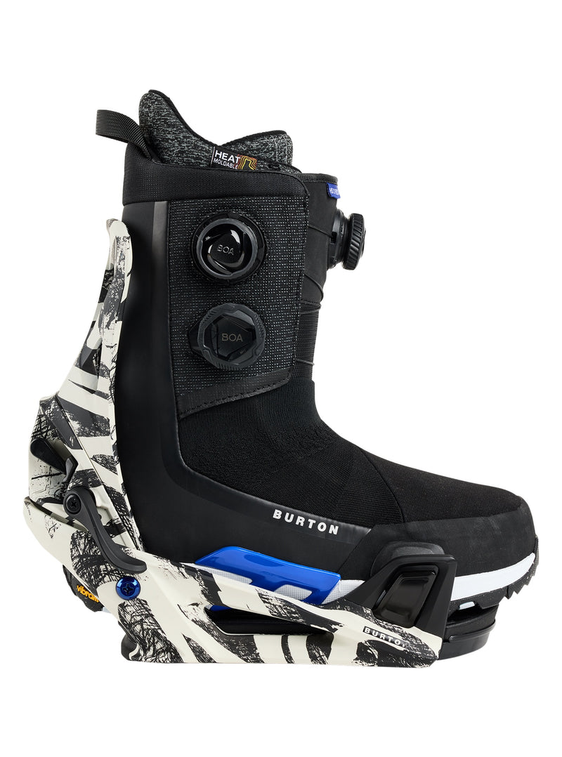 Load image into Gallery viewer, Black ski boot and binding with white and blue accents on a white background
