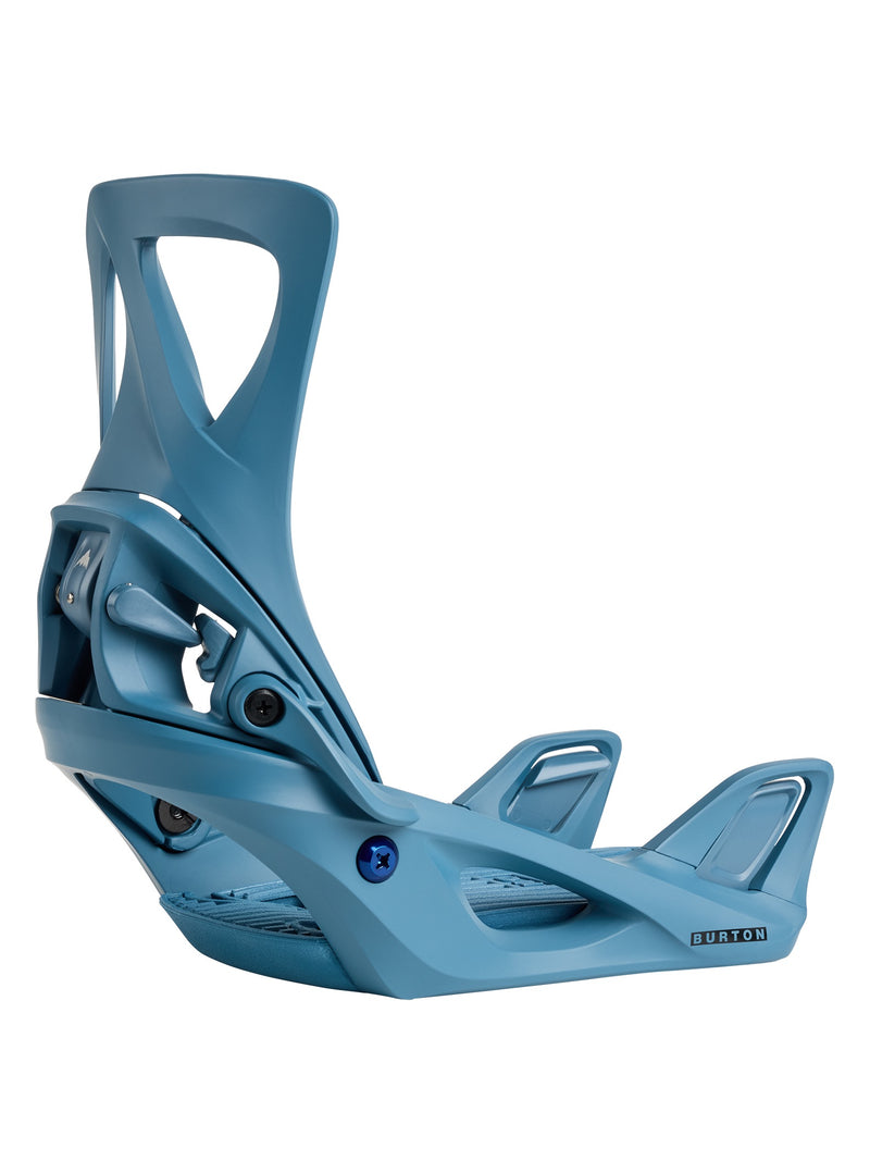 Load image into Gallery viewer, A blue Burton Step On Re:Flex snowboard binding designed for women, featuring a simple three-point connection system.
