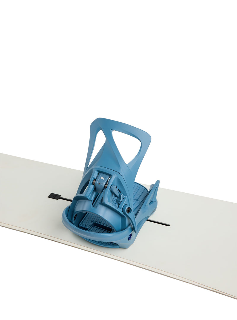 Load image into Gallery viewer, Blue snowboard binding on a white snowboard against a white background
