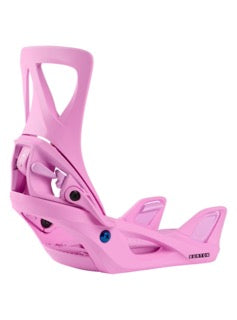 A pink Burton Step On Re:Flex snowboard binding designed for women, featuring a simple three-point connection system.