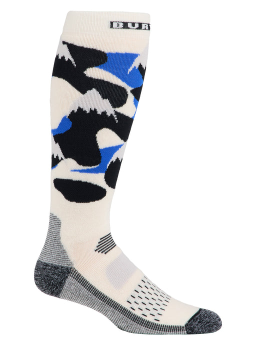 White ski sock with black and blue pattern on a white background