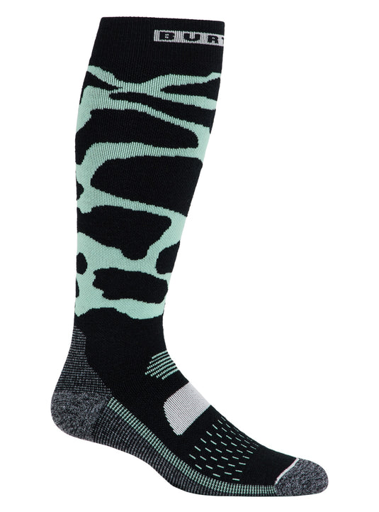 Knee-high sock with black and light blue pattern on a white background