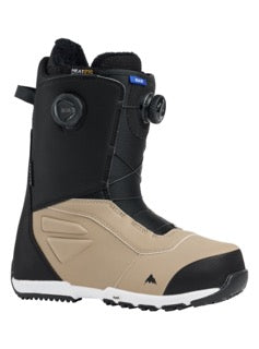  Burton Men's Ruler BOA Snowboard Boots in black and beige, featuring a dial-up BOA lacing system and a white sole.