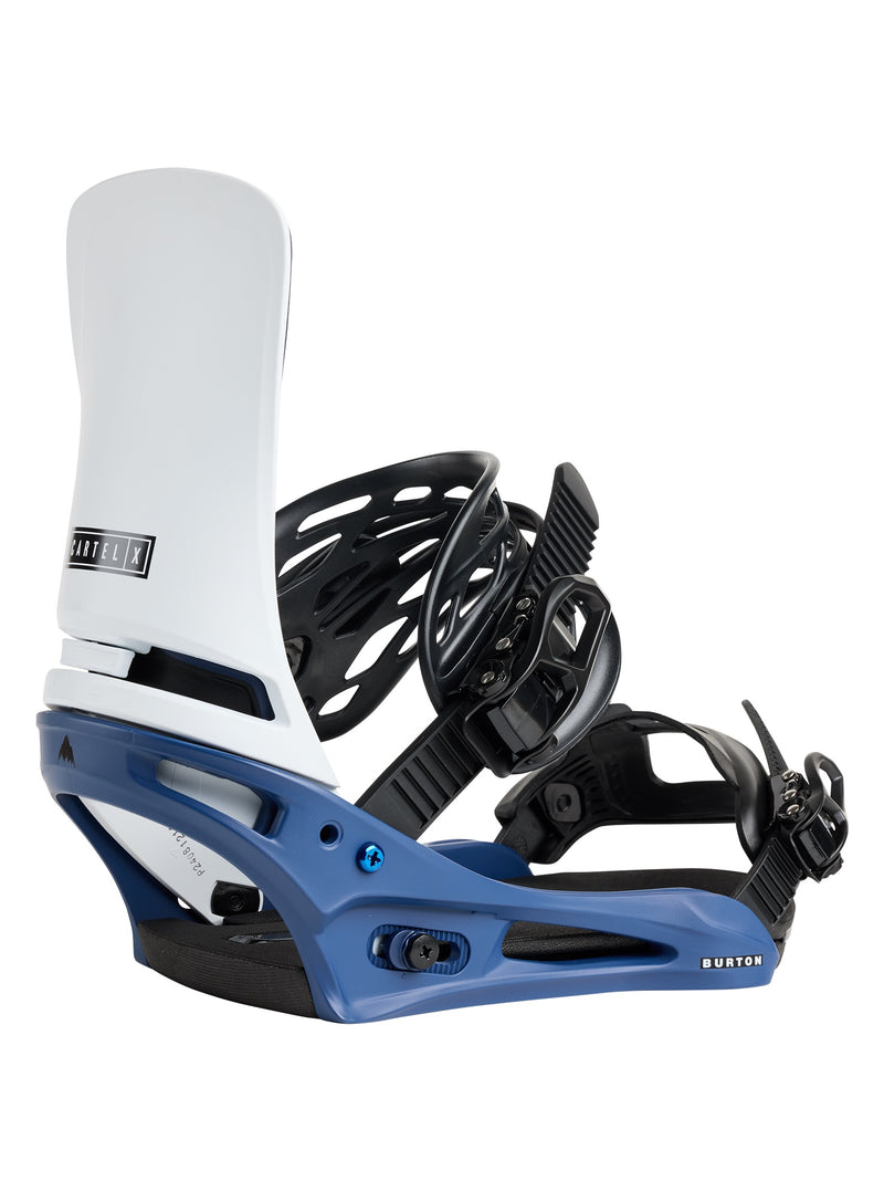 Load image into Gallery viewer, Burton Men&#39;s Cartel X Re:Flex Snowboard Bindings in white blue and black color scheme featuring a full view of the binding with buckles and hi-back visible.

