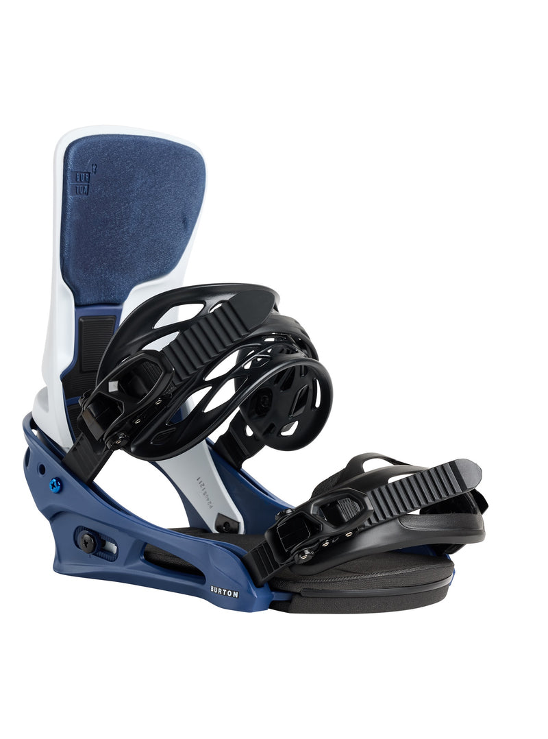 Load image into Gallery viewer, Snowboard binding with blue and black components on a white background.
