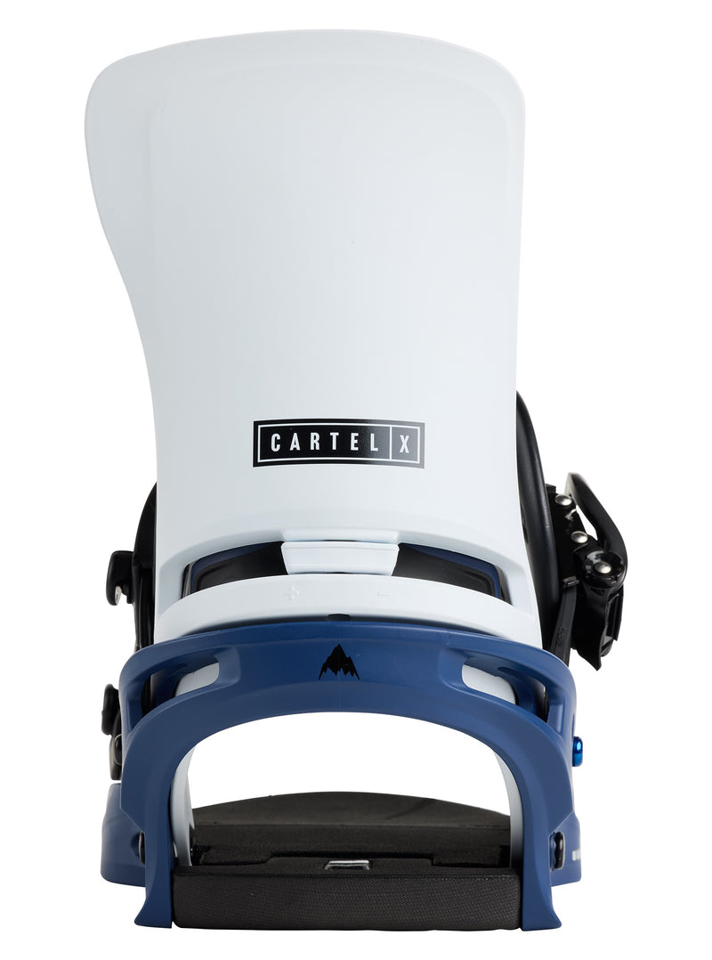 Load image into Gallery viewer, Snowboard binding with white top and blue base on a white background
